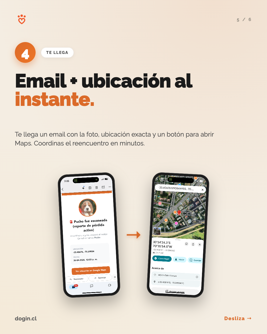 Paso 4: te llega email con foto, ubicación y un botón para ver en Maps