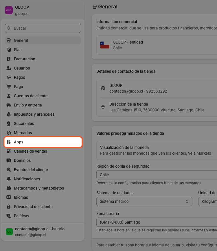 Menú de Configuración de Shopify con la opción Apps destacada