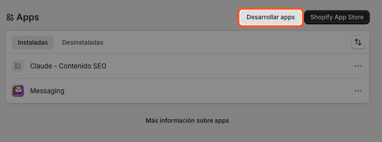 Pantalla de Apps con el botón Desarrollar apps destacado arriba a la derecha