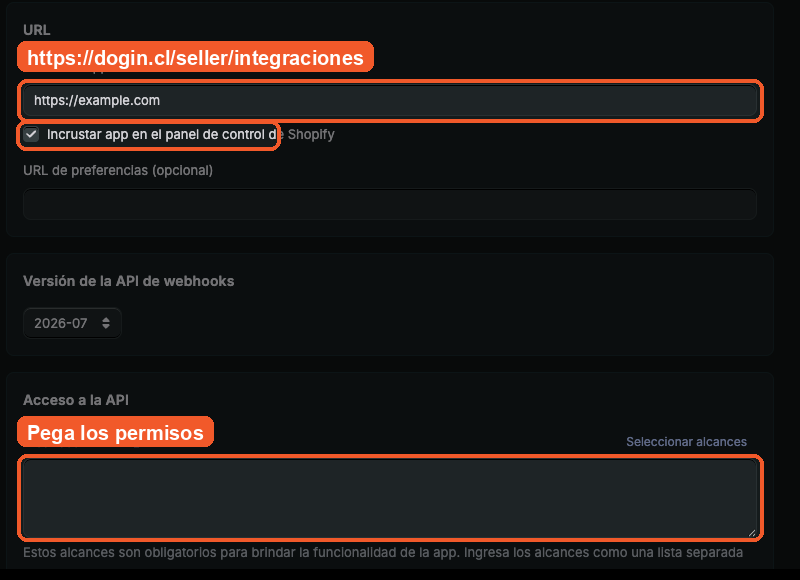 Pantalla de crear versión con la URL de la app, la casilla de incrustar y los alcances