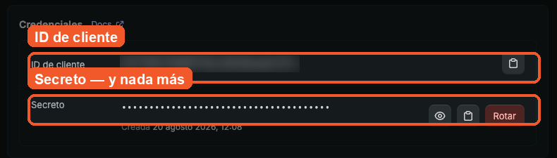 Pantalla de configuración de la app con el ID de cliente y el secreto