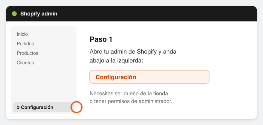 Admin de Shopify con el botón Configuración destacado abajo a la izquierda