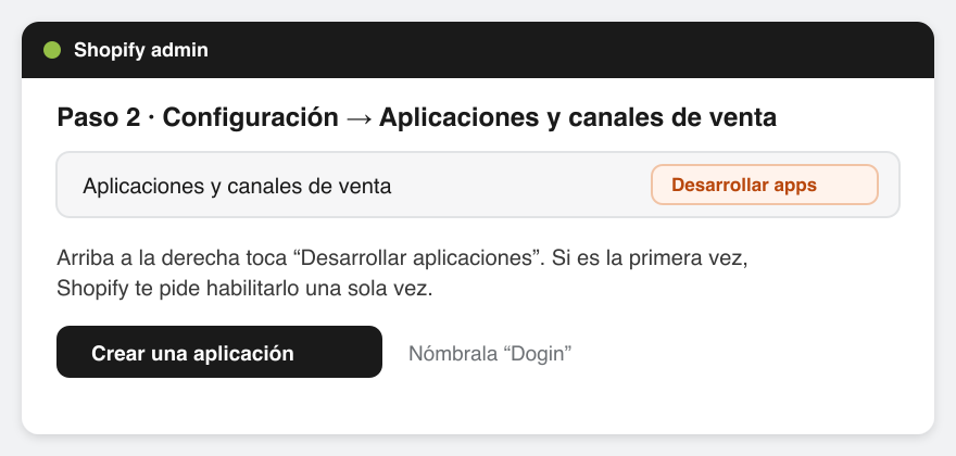 Sección Aplicaciones y canales de venta con el botón Desarrollar aplicaciones