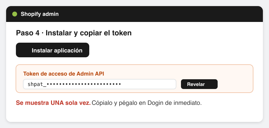 Pantalla con el token de acceso de Admin API oculto y el botón Revelar