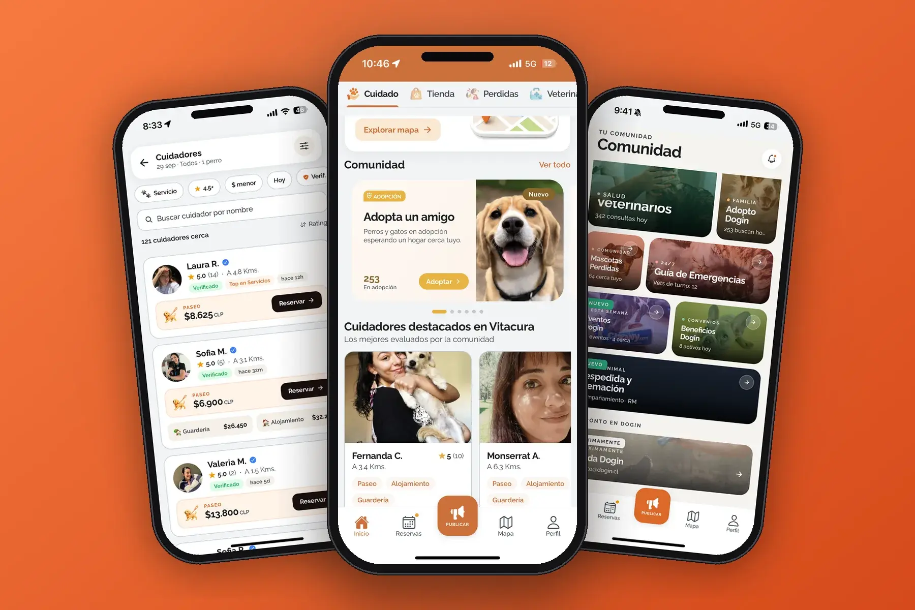 Pantallas de la app de Dogin: inicio, cuidadores cerca con precios y calificaciones, y comunidad