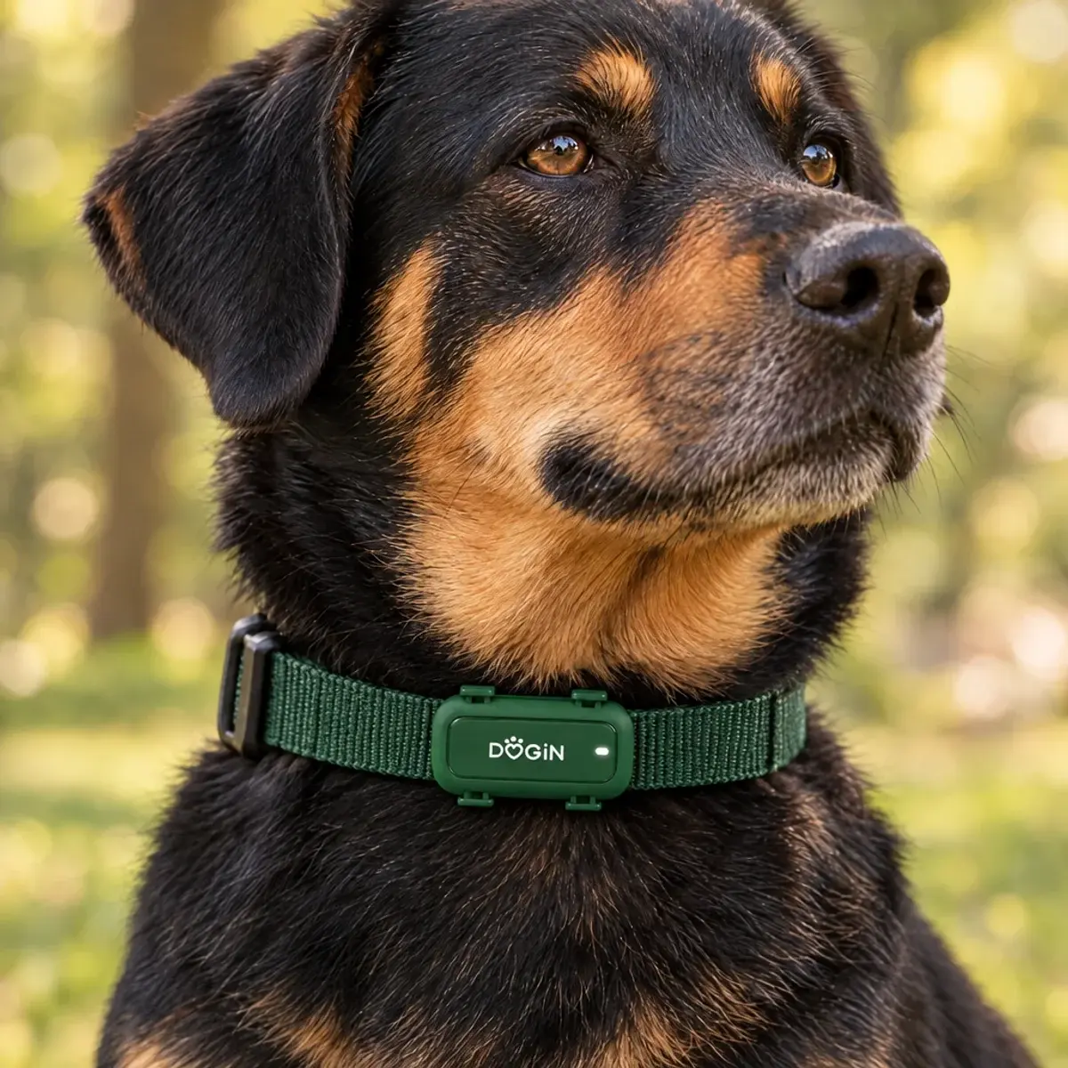 Perro negro y fuego con el GPS Dogin verde enganchado a su collar