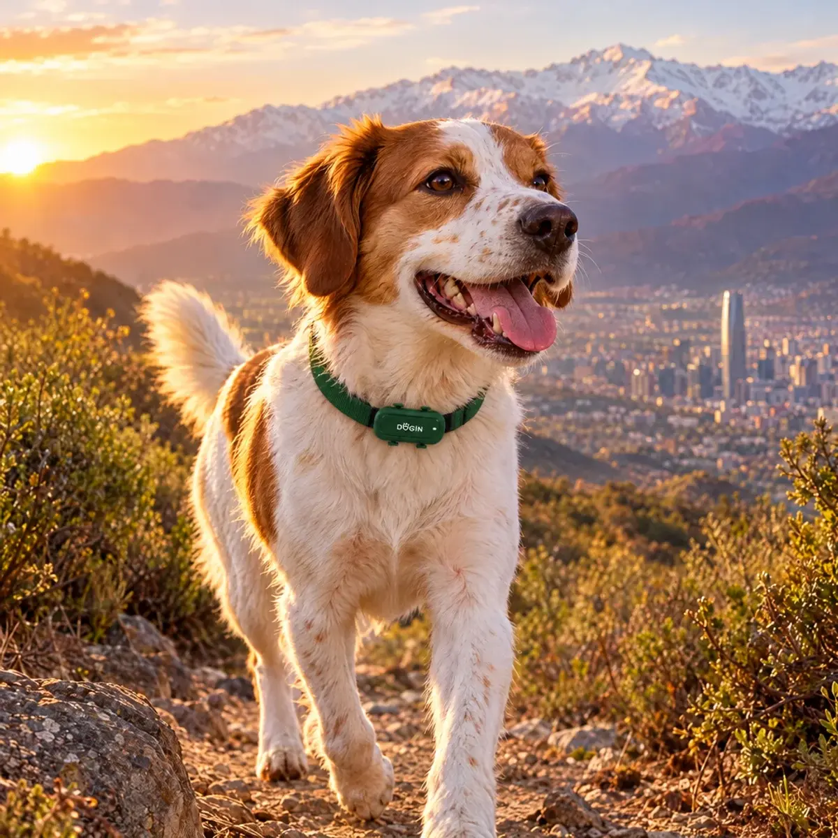 Perro caminando por un cerro de Santiago al atardecer con el collar GPS Dogin, la cordillera de fondo